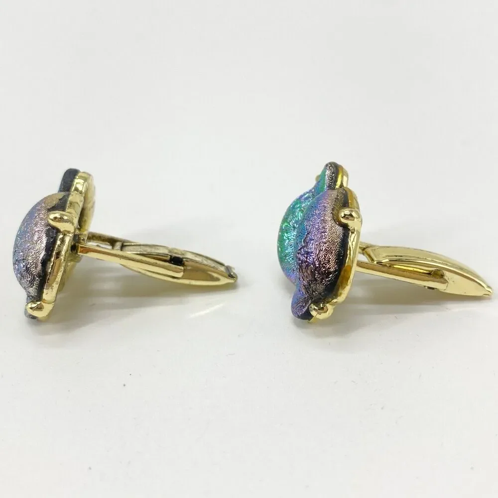 Vintage Unique Cufflinks Aurora Borealis Art Glass Iridescent Metallic Pat Pend